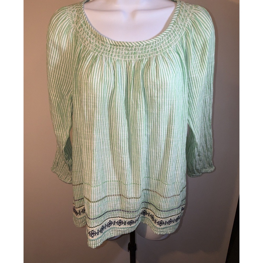 J. Jill Striped Embroidered Blouse Top Womens Medium Smocked Neck Cotton Gauze